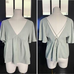 Light Sage Green Boho linen blend V-Neck Blouse